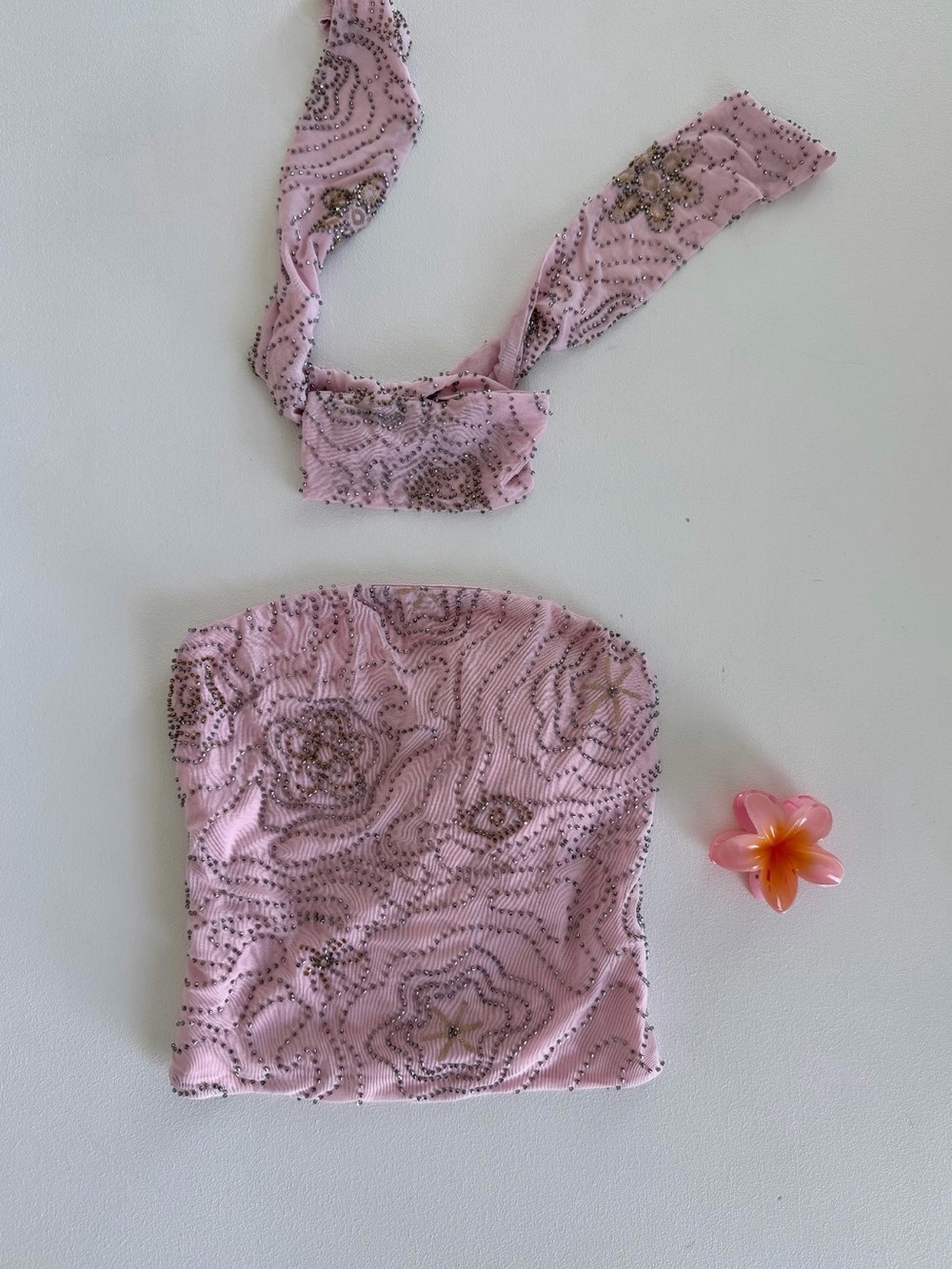 Pink Beaded Strapless Tube Top with Tie
